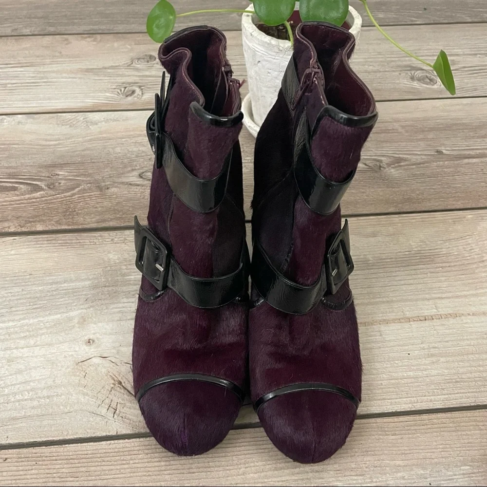 Sonia Rykiel Purple Fur Boots‎ Women’s 8.5 Leather Buckle Block Heel